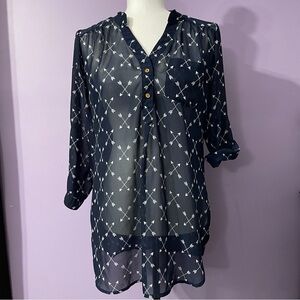 Ardene Navy Sheer Blouse with Cross Arrow Design Size Small